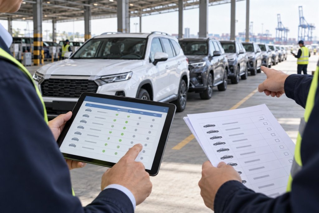 Vehicle order tracking checklist beside a line of cars awaiting export from China