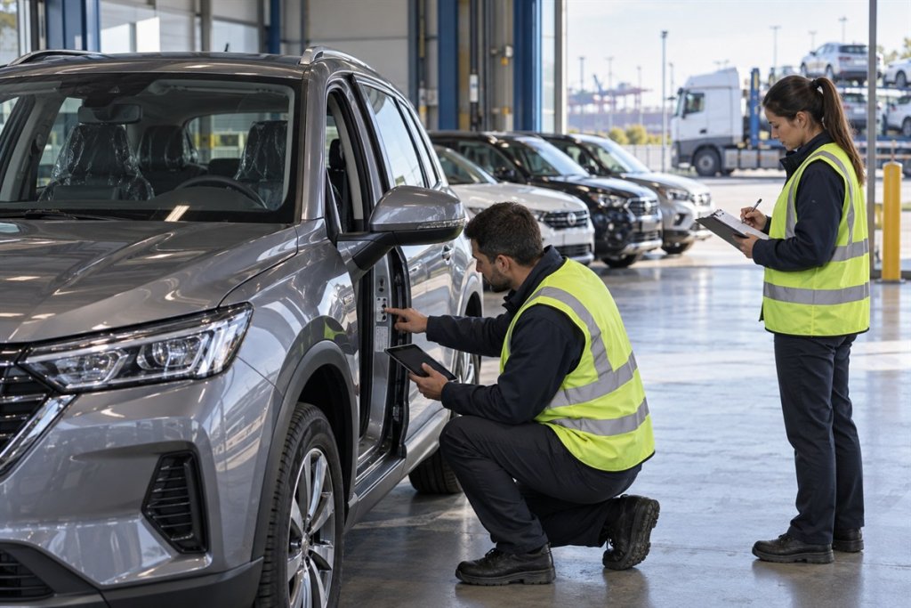 Dealer intake team checking an imported vehicle VIN and condition after delivery