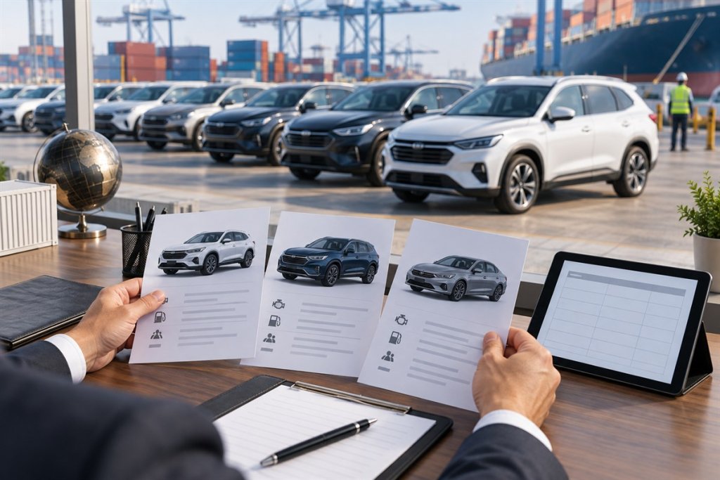 Dealer comparing vehicle specifications and supplier quotations for cars from China