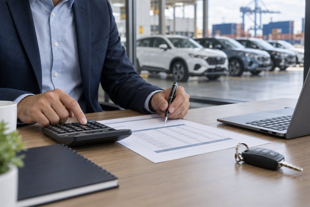 Dealer reviewing vehicle import costs with a calculator and shipment worksheet