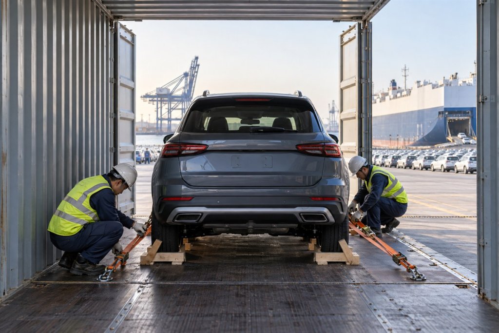 Vehicle secured inside a shipping container at a Chinese export port