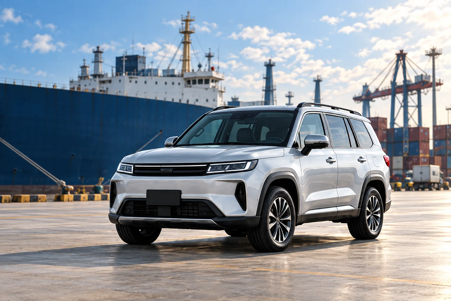 AI-generated illustration of a silver SUV at an export port